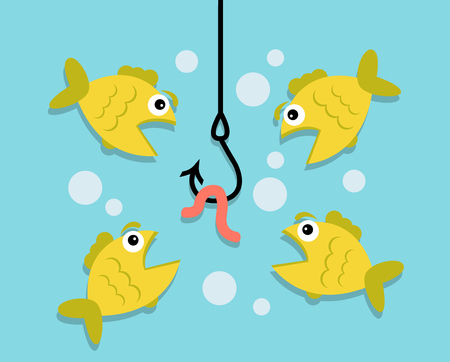 underwater hanging hook, hanging on a hook worm. Four fish looking at a worm and want to eat itのイラスト素材