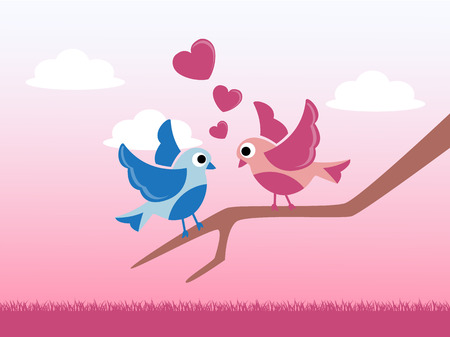 love birds sitting on a branch of a tree on a background of a pink sky, clouds and grassのイラスト素材
