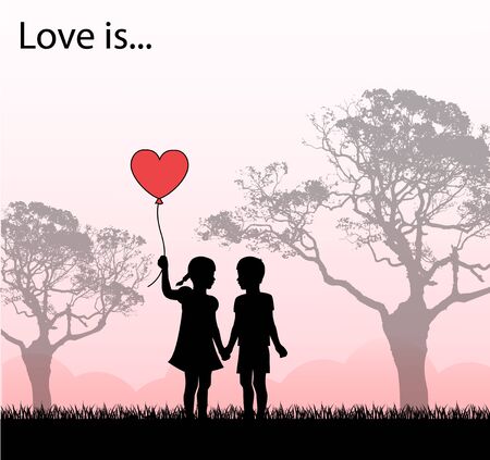 A pair of children lovers standing in the field and holding a heart-shaped balloonのイラスト素材