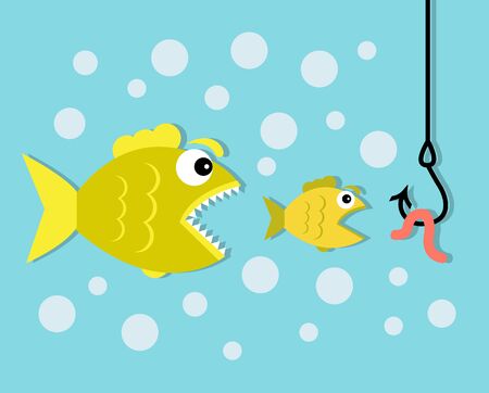 A small fish wants to eat a worm on a hook, and a big predator fish wants to eat a small fishのイラスト素材
