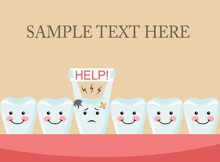 Mouth with teeth. All healthy teeth and a tooth is sick and holds a sign asking for help.のイラスト素材