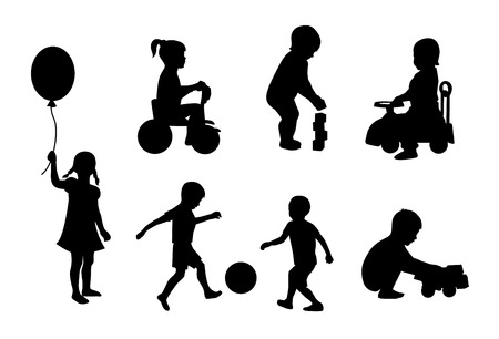Set of black silhouettes playing children on a white backgroundのイラスト素材