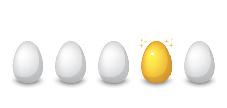 A row of ordinary white chicken ti eggs in a row one golden shiny eggのイラスト素材