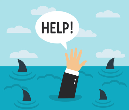 Businessman drowning in the sea with sharks. On the surface of the water, a man's hand asks for helpのイラスト素材