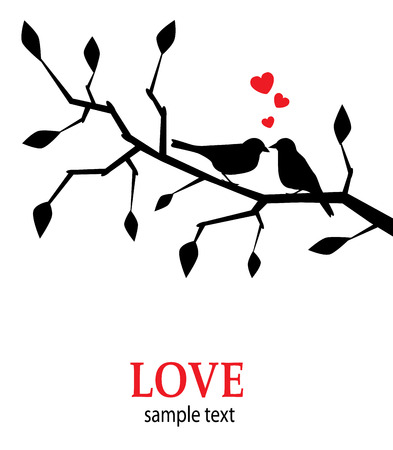 Silhouettes of black birds in love on a branch with a heartのイラスト素材