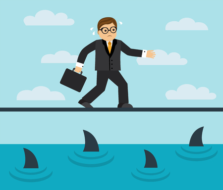Businessman risks and goes on a tightrope over the sea full of sharksのイラスト素材