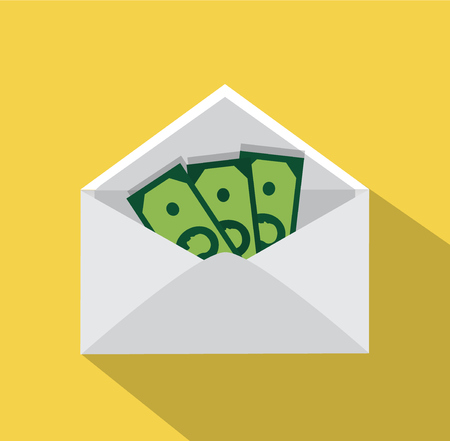 A stack of banknotes lies in an envelope on a yellow backgroundのイラスト素材