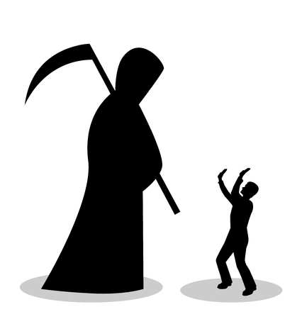 The silhouette of death in a cloak and with a scythe came to the man. Man is afraid of death and is closed by handsのイラスト素材
