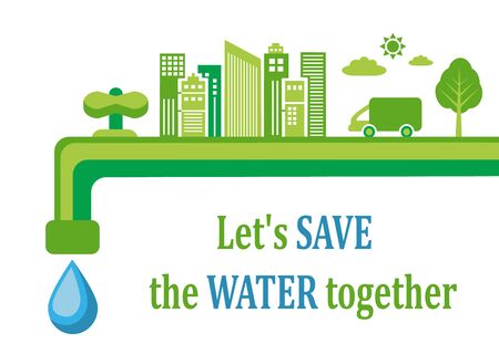 crane with a drop of water, a green city and nature. Calling to save and sparingly consume waterのイラスト素材