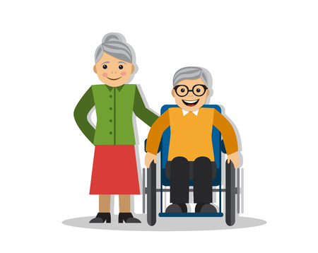 Grandmother is next to a disabled pensioner in a wheelchairのイラスト素材