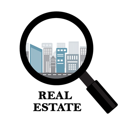 A simple magnifier and skyscrapers of a sick city. Emblem for real estate agencyのイラスト素材