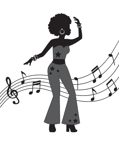 black silhouette of woman in disco style. A woman dances and is dressed in flared trousers and has curly hairのイラスト素材