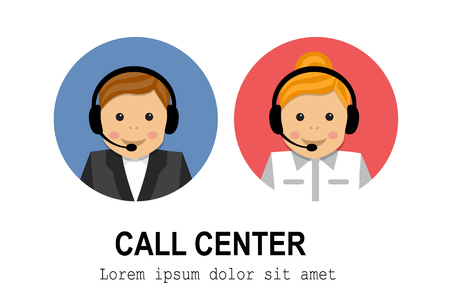 man and woman call center workers in headphones and with a microphoneのイラスト素材