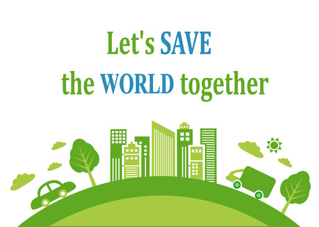 green semicircle and stand at home and eat cars shines the sun and trees grow. Save the world togetherのイラスト素材