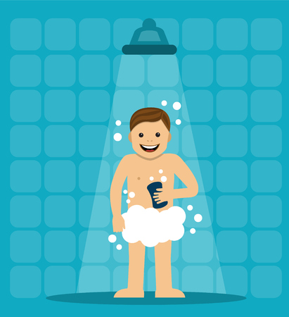 a man stands all in foam and under the showerのイラスト素材
