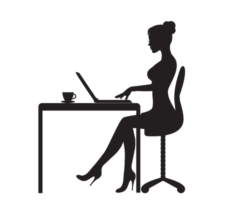 black silhouette of a woman sitting at a table with a laptop. On the table is a mug with teaのイラスト素材
