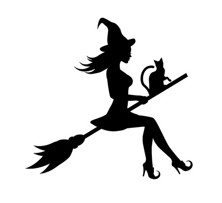 black graceful silhouette of a beautiful witch and a cat flying on a broomstickのイラスト素材