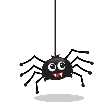 cute black biting spider hanging on a thread of a webのイラスト素材