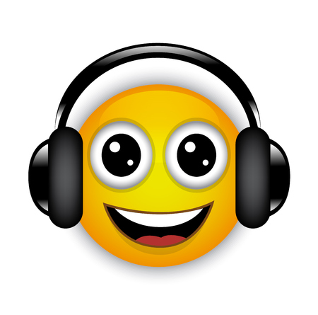 cheerful yellow shiny emoticon in headphones listening to music and smilingのイラスト素材