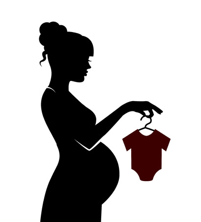black silhouette pregnant woman holding shoulder hangers with baby clothesのイラスト素材