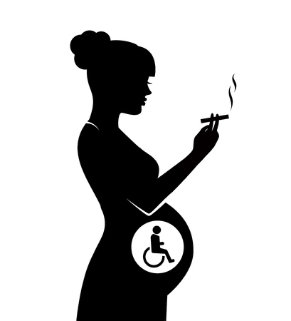 Silhouette of a woman smoking a cigarette. In the abdomen of a woman's child is disabledのイラスト素材