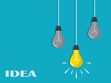 several bulbs are hanging in a row. One lamp is lit and symbolizes the ideaのイラスト素材