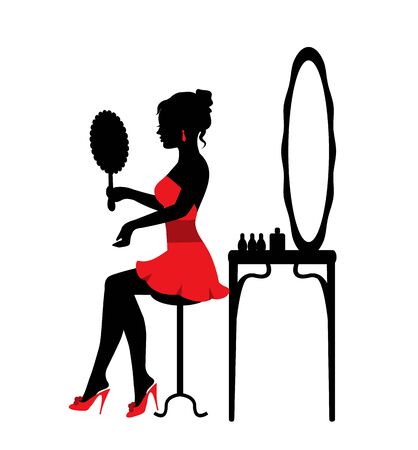 silhouette of a beautiful woman sitting by the mirror and lookingのイラスト素材