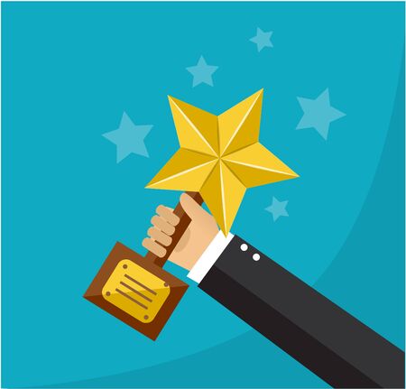 hand holds a golden star award on a standのイラスト素材