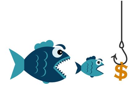 a dollar hangs on a hook and a little fish wants to eat a dollar and a big fish wants to eat a little fishのイラスト素材