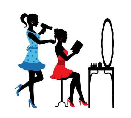a woman silhouettes sits in front of a mirror in a hairdresser and another woman does her hairstyleのイラスト素材