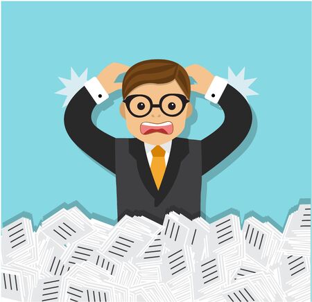 businessman screams from fatigue in a pile of papers and workのイラスト素材