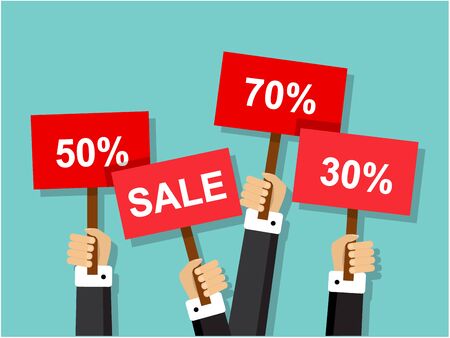 Hands holding red signs with discounts and salesのイラスト素材