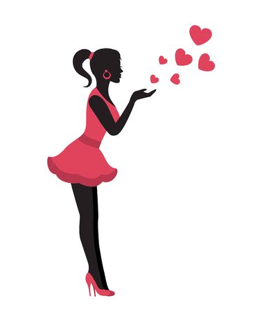 Silhouette of a graceful woman in a pink dress sends an air kiss with heartsのイラスト素材