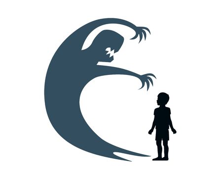 silhouette child stands and the shadow of a monster on the wallのイラスト素材