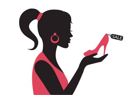 profile silhouette woman holding shoes with sale tag in handのイラスト素材