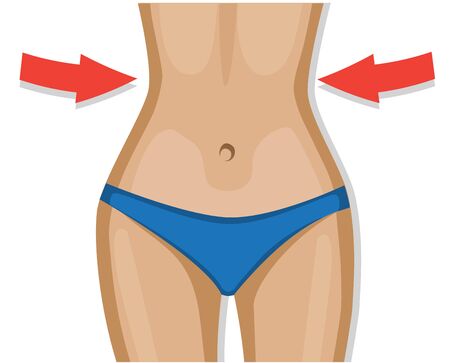female figure in a blue swimsuit losing weight and narrowing the waist with red arrowsのイラスト素材