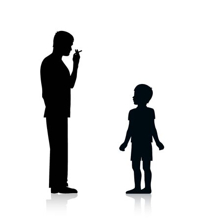 silhouette of an adult with tobacco dependence smokes a cigarette and sets a bad example for a childのイラスト素材