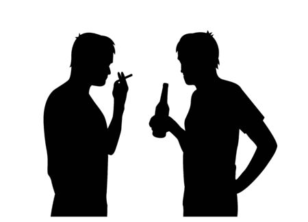 black isolated silhouettes of men smoking and drinking alcoholのイラスト素材