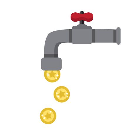 Metal tap with red valve and tap drop gold coinsのイラスト素材