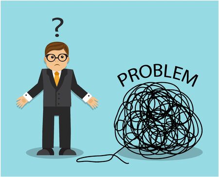 businessman wants to unravel a tangle of problems but does not know where to startのイラスト素材