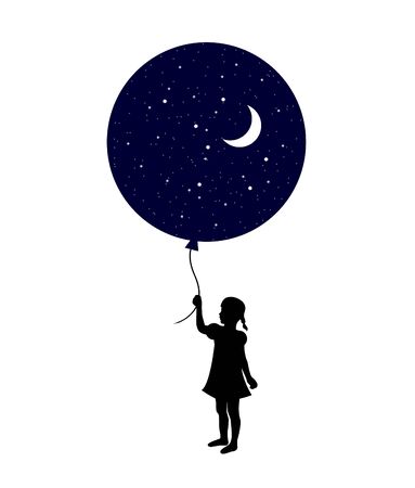 silhouette child holding a big ball with night and moon insideのイラスト素材