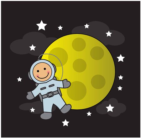 cute baby astronaut in a spacesuit flies and smiles against the backdrop of the moon and starsのイラスト素材