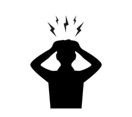 silhouette of a man holding his hands behind his head and his head hurts and lightning above itのイラスト素材