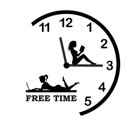 half round clock and female silhouettes are engaged in leisure-reading and lying with a laptopのイラスト素材
