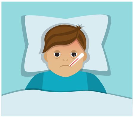 sick man with a thermometer in his mouth lies on a pillow and bedのイラスト素材