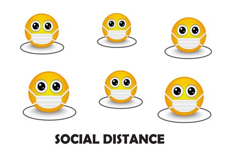 yellow emoticons in medical masks keep social distance due to virusのイラスト素材