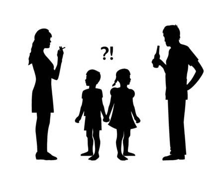 a silhouette of a woman with a cigarette and a silhouette of a man with a bottle of alcohol and the boy and girl children are looking at adultsのイラスト素材