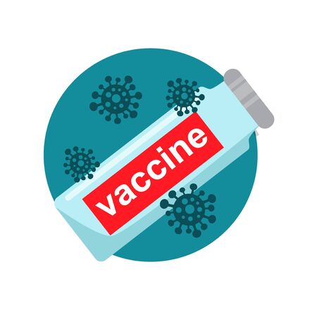 virus vaccine in a glass jar and viruses nearby flyのイラスト素材