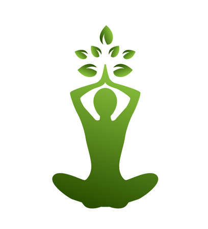 graceful green silhouette yoga sitting and pose and top green leavesのイラスト素材