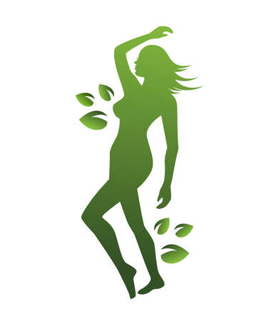 graceful green silhouette woman beauty and nature leaves on white backgroundのイラスト素材